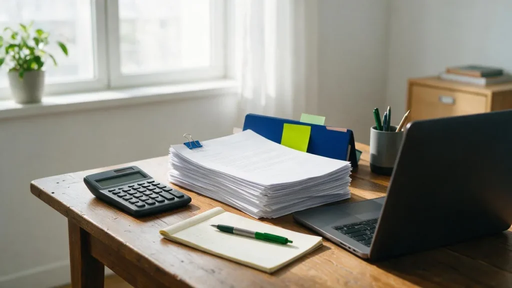 Mesa de escritório com contrato de consórcio, calculadora e anotações comparando cenários antes de decidir como cancelar consórcio