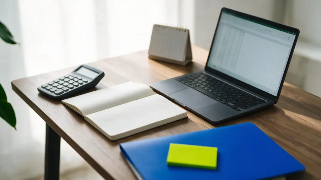 Mesa de escritório com calculadora, planilha e calendário usados para calcular quanto tempo demora para ser contemplado no consórcio e quanto custa esperar