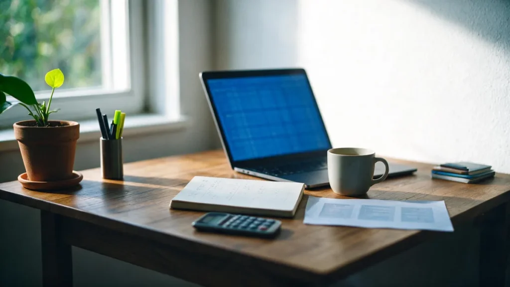 Mesa de escritório com caderno, calculadora e planilha usados para calcular a taxa de administração consórcio em três cenários