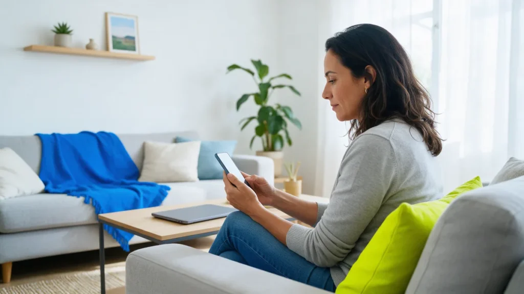 Mulher no sofá de casa consultando o celular para acompanhar o resultado da assembleia de consórcio