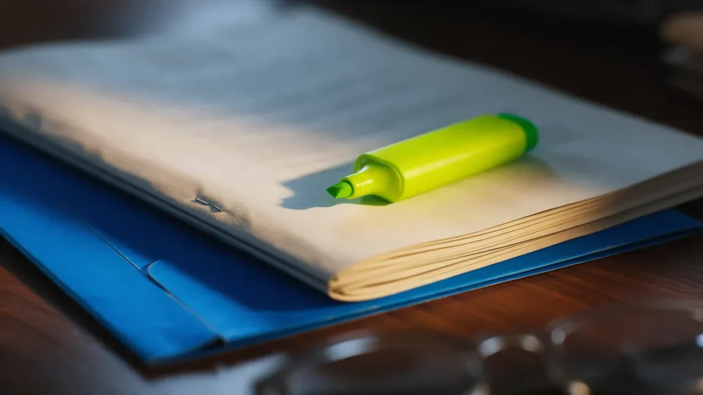 Close em um contrato de consórcio impresso sobre a mesa, com marca-texto verde e pasta azul ao lado