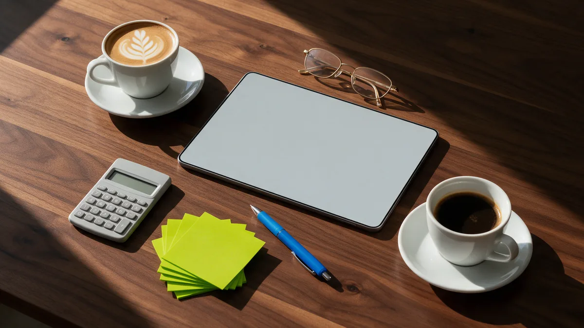 Vista de cima de mesa de madeira escura com tablet, calculadora e notas adesivas usados para calcular o lance embutido do consórcio